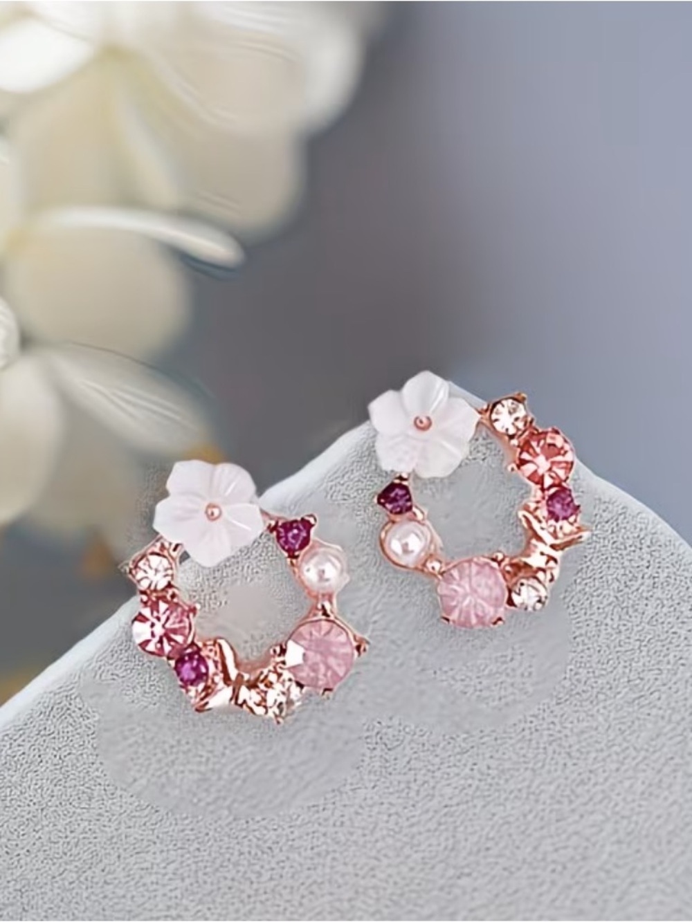Deal ‼️3 for $20‼️Delicate Pink Floral Crystal Hoop Earrings - Rose Gold Accent